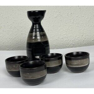 VTG 90s Japanese Tianmu Sake Set Decanter 4 Cups NWT Stoneware Aichi Japan Black